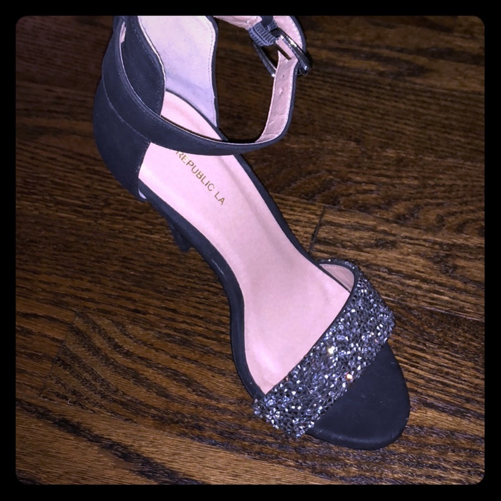 Shoe Republic black with rhinestone heels / 7